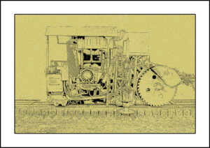 fotografische Strichzeichnung einer Steinschneidemaschine auf Schienen vor senfgrünem Hintergrund