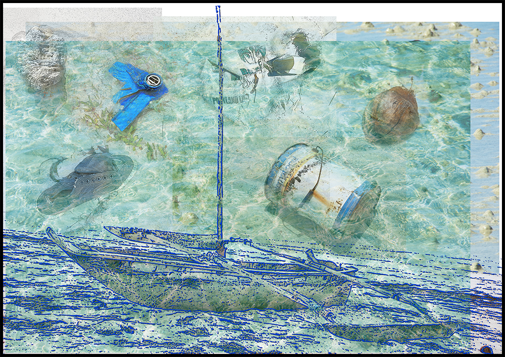 türkisgrüne Ozeanwellen in denen scheinbar Gegenstände liegen. Im Vordergrund ein kleines Fischerboot mit Auslegern aus Holz