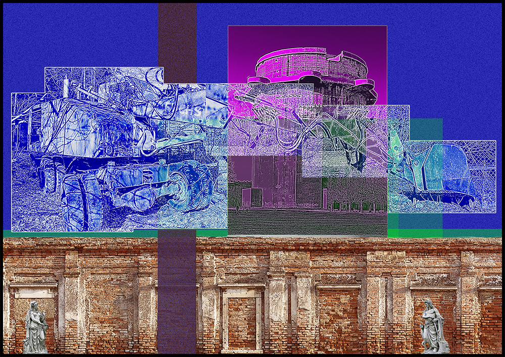 Collage von Bildern Hochbunker, Bagger, Backsteinmauer mit stark abgeblätterten Putz, davor 2 allegorische Statuen, weiblich und männlich.