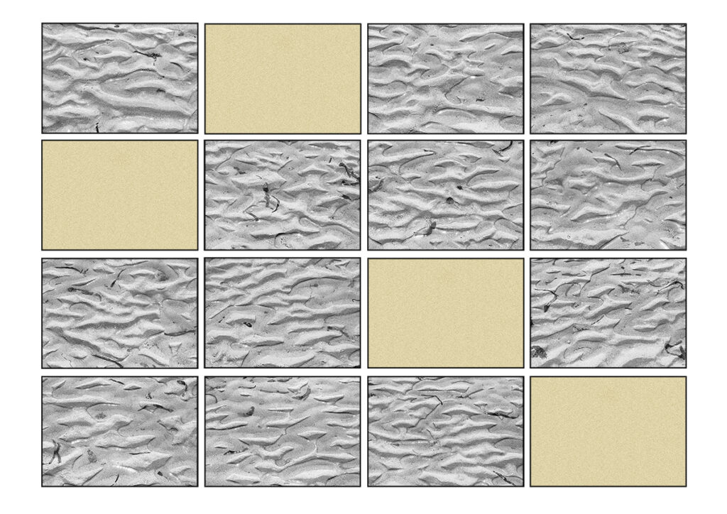 12 Fototafeln von einem Sandstrand in Großaufnahme mit gebildeten Wellenbergen im Sand. Dazwischen 4 Farbtafeln gleicher Größe in Sandfarbe.