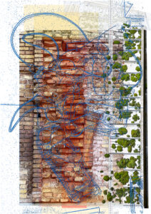 Collage aus Fotos, aufgebrochene Backsteinmauer, Metalldach von oben gesehen mit vielen Moosflächen
