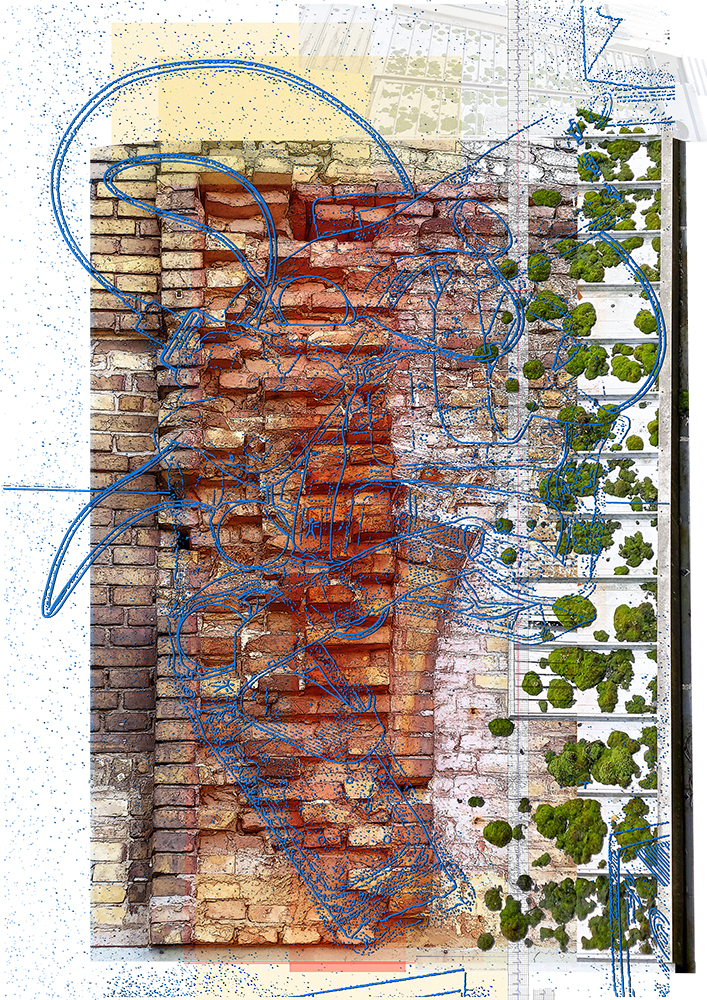 Collage aus Fotos, aufgebrochene Backsteinmauer, Metalldach von oben gesehen mit vielen Moosflächen