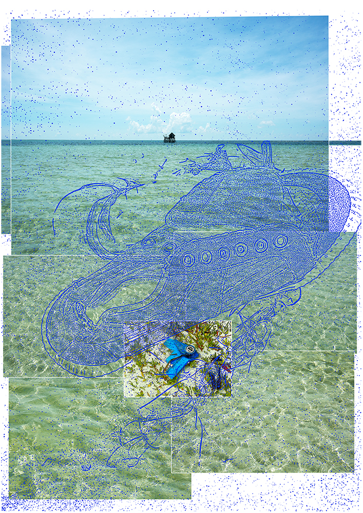 Collage vom indonesischen Meer mit Plastikteilen und Fischerhütte und Tennisschuh